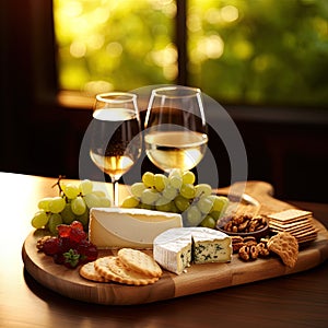 Close-up of a cheese board garnished with fresh grapes, crackers and the glass of white wine