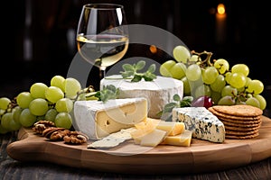 Close-up of a cheese board garnished with fresh grapes, crackers and the glass of white wine