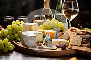 Close-up of a cheese board garnished with fresh grapes, crackers and the glass of white wine
