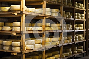 close up of cheese maturing on wooden racks