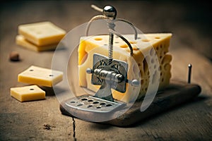 close-up of cheese, with a mousetrap in the background and its spring ready to snap