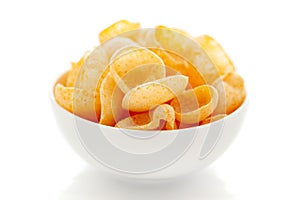 Close up of Cheese Puff Snacks cream color, Popular Ready to eat crunchy and puffed snacks cheesy salty pale-yellow color over