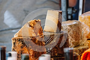Close up of cheese sample on the counter