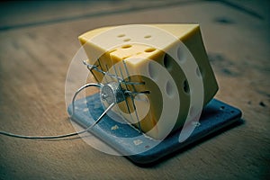close-up of cheese wedge in mouse trap, ready to ensnare its next victim