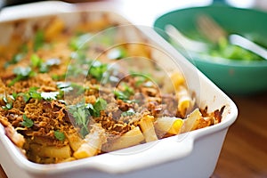 close-up of a cheesy baked ziti casserole with a gold crust