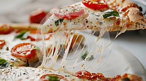 Close-up of a cheesy slice of pizza with tomato and basil on top