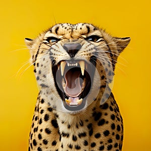 Close-up Cheetah portrait, studio shoot concept on yellow background