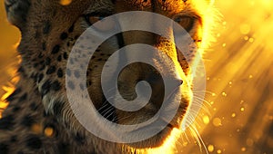 Close-up of a cheetah's face in golden light. enigmatic gaze of wild cat. wildlife digital art perfect for