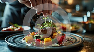 Close-up of a Chef Garnishing a Gourmet Dish - AI Generated