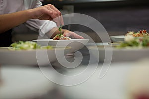 Close-up of chef garnishing meal on counter