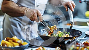 close up of chef making delicious food in the restaurant kitchen, chef cooking in the kitchen