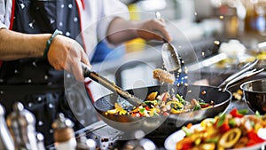 close up of chef making delicious food in the restaurant kitchen, chef cooking in the kitchen