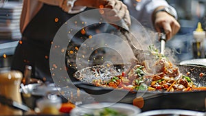 close up of chef making delicious food in the restaurant kitchen, chef cooking in the kitchen