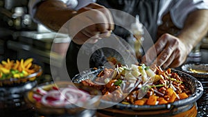 close up of chef making delicious food in the restaurant kitchen, chef cooking in the kitchen