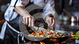 close up of chef making delicious food in the restaurant kitchen, chef cooking in the kitchen