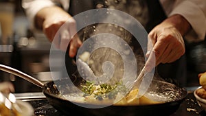 close up of chef making delicious food in the restaurant kitchen, chef cooking in the kitchen