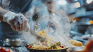 close up of chef making delicious food in the restaurant kitchen, chef cooking in the kitchen