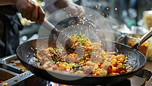 close up of chef making delicious food in the restaurant kitchen, chef cooking in the kitchen