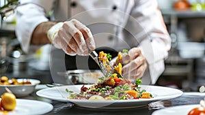 close up of chef making delicious food in the restaurant kitchen, chef cooking in the kitchen