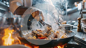 close up of chef making delicious food in the restaurant kitchen, chef cooking in the kitchen