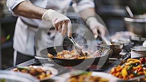 close up of chef making delicious food in the restaurant kitchen, chef cooking in the kitchen