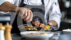 close up of chef making delicious food in the restaurant kitchen, chef cooking in the kitchen