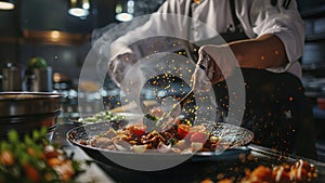 close up of chef making delicious food in the restaurant kitchen, chef cooking in the kitchen