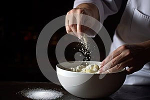 close-up of chef& x27;s hands mixing and stirring ingredients for delicious dish