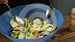 A close-up of the chef's hands spooning chopped vegetables into a blue plastic bowl. Delicious and healthy food for
