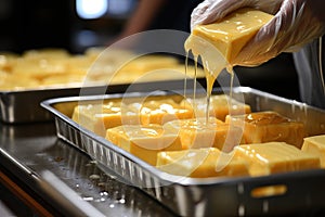 Close-up of a chef taking a melted piece of cheese from a large pan, kitchen in a hotel complex.