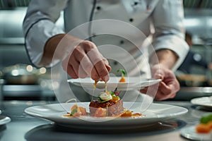 Close-up of chef& x27;s hands decorating a dish with seasonings and toppings in a restaurant kitchen. Chef adding