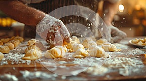 Close-up of chefs hands preparing Sfingi, traditional sweet for Saint Josephs Day, in rustic kitchen with warm