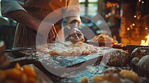 Close-up of chefs hands preparing Sfingi, traditional sweet for Saint Josephs Day, in rustic kitchen with warm