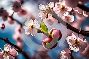 A close-up of a cherry blossom bud just before it opens, with its soft, pink petals ready to unfurl