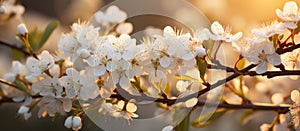 Close up of a cherry blossom tree branch with white flowers