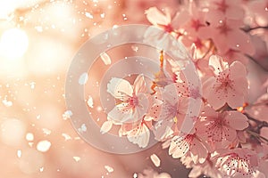A close-up of a cherry blossom tree in soft sunlight with petals falling gently