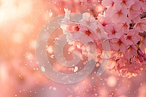 A close-up of a cherry blossom tree in soft sunlight with petals falling gently