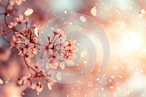 A close-up of a cherry blossom tree in soft sunlight with petals falling gently