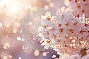 A close-up of a cherry blossom tree in soft sunlight with petals falling gently