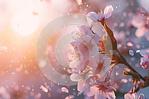 A close-up of a cherry blossom tree in soft sunlight with petals falling gently