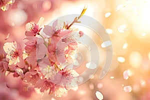 A close-up of a cherry blossom tree in soft sunlight with petals falling gently