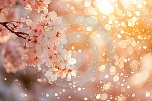 A close-up of a cherry blossom tree in soft sunlight with petals falling gently