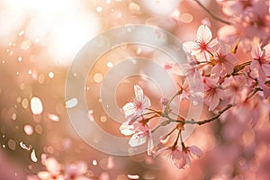 A close-up of a cherry blossom tree in soft sunlight with petals falling gently