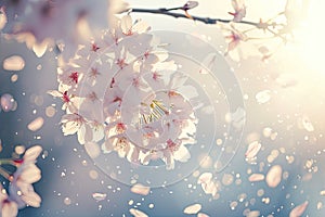 A close-up of a cherry blossom tree in soft sunlight with petals falling gently