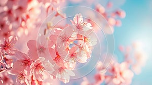 Close-up of cherry blossoms against a blue sky creates a beautiful spring background, Ai Generated