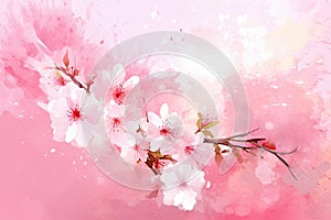 Close Up of Cherry Blossoms Branch Japanese Pink Sakura Watercolor Painting