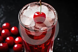 close-up of cherry cola bubbles in a glass
