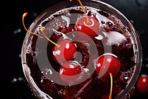close-up of cherry cola bubbles in a glass