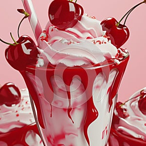 Close-up of cherry milkshake in elegant glass decorated with whipped cream, fresh ripe cherries, red topping and