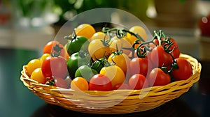 Close up of cherry tomatoes in various hues presented in a basket